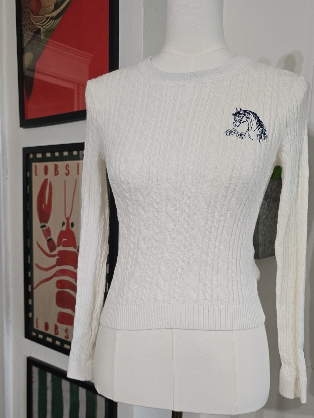 Maeve White Cable-Knit Crewneck Sweater with Navy Horse Embroidery